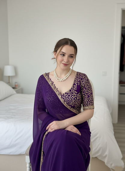 Embroidered Chiffon Saree with Designer Blouse Elegant Party & Festive Wear