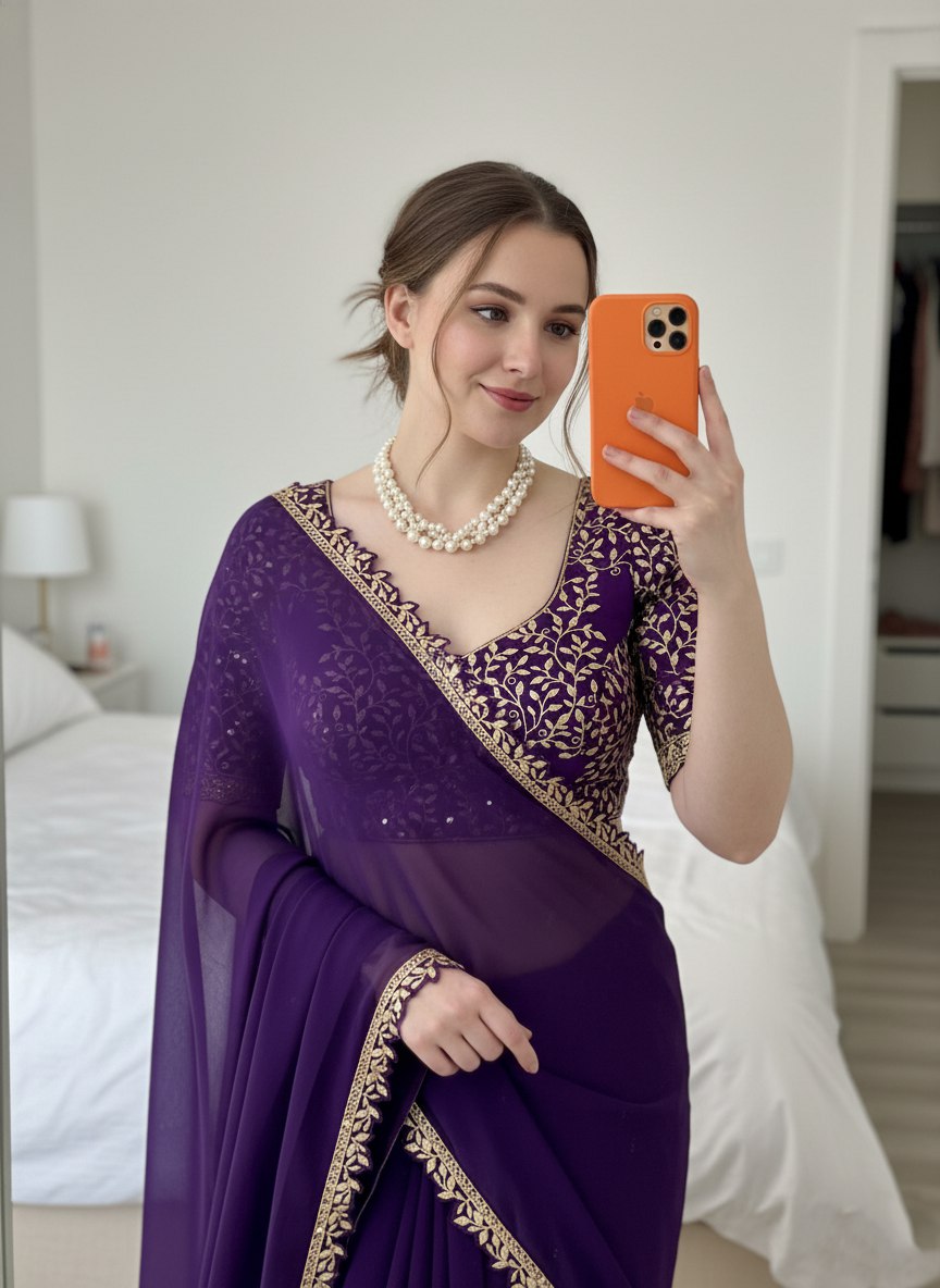 Embroidered Chiffon Saree with Designer Blouse Elegant Party & Festive Wear