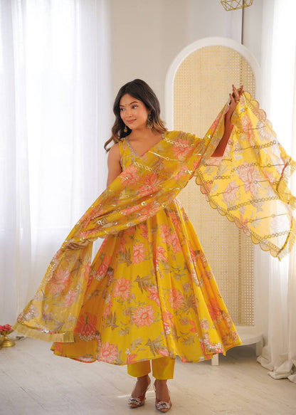 Designer Floral Anarkali with Matching Pant And Scalloped Dupatta Set