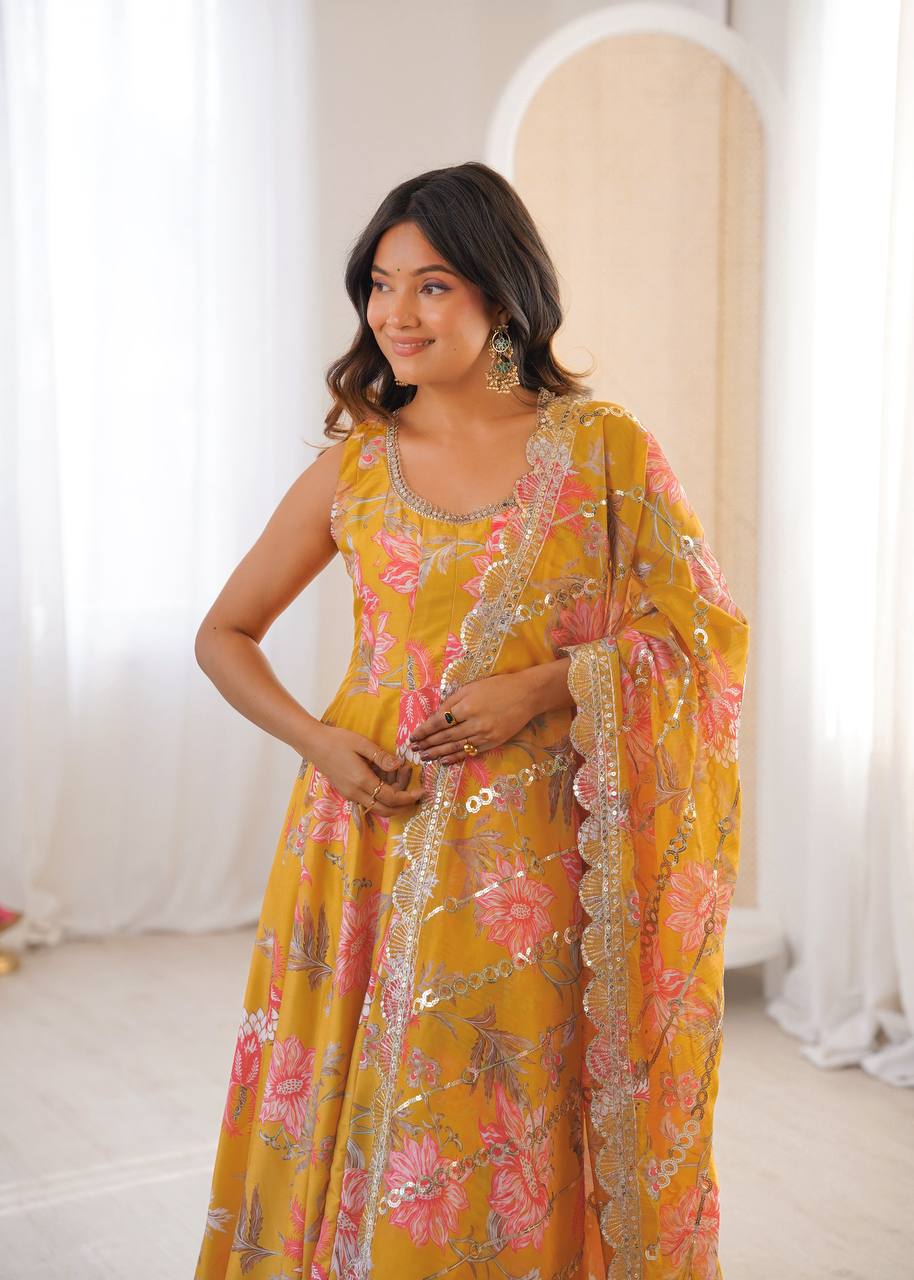 Designer Floral Anarkali with Matching Pant And Scalloped Dupatta Set