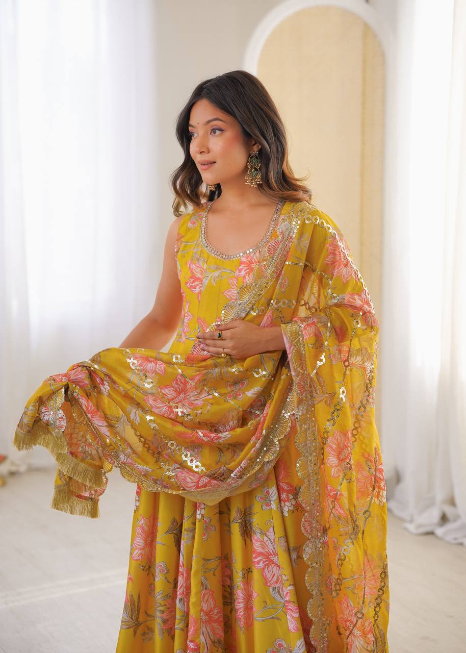 Designer Floral Anarkali with Matching Pant And Scalloped Dupatta Set