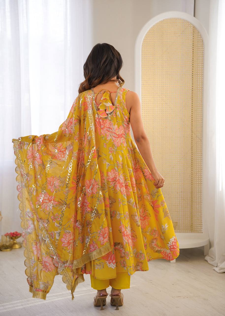 Designer Floral Anarkali with Matching Pant And Scalloped Dupatta Set