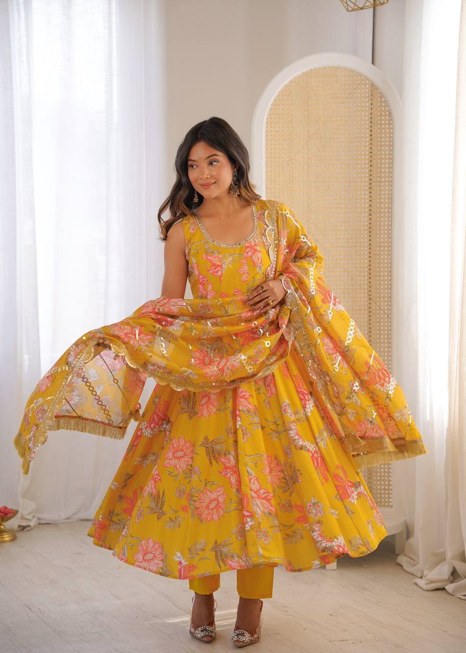 Designer Floral Anarkali with Matching Pant And Scalloped Dupatta Set