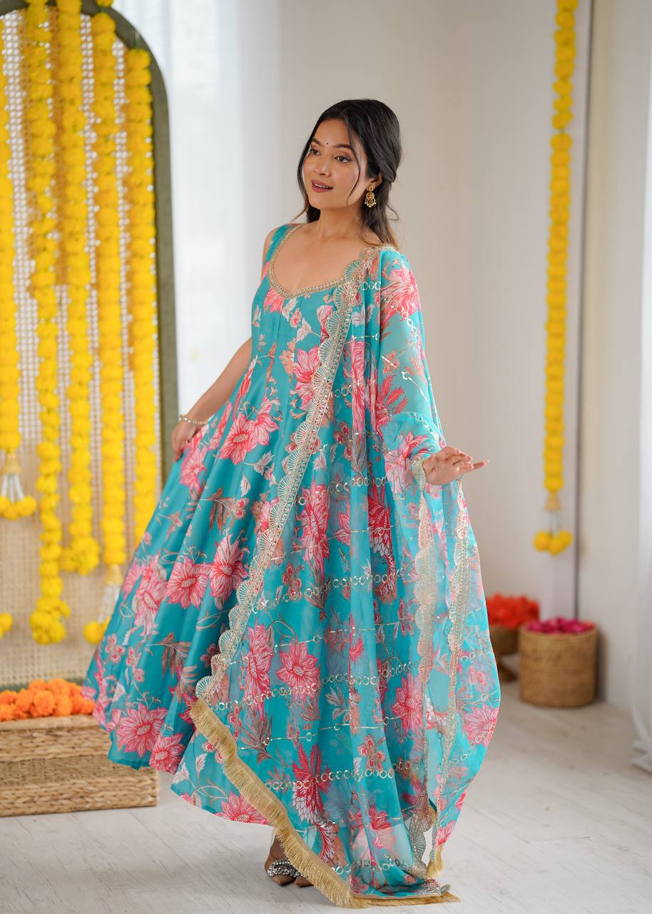 Designer Floral Anarkali with Matching Pant And Scalloped Dupatta Set