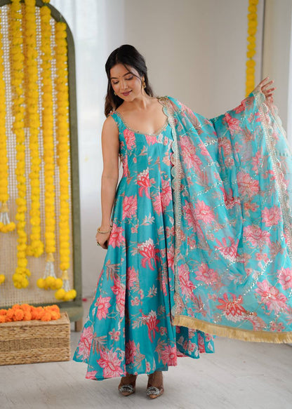 Designer Floral Anarkali with Matching Pant And Scalloped Dupatta Set
