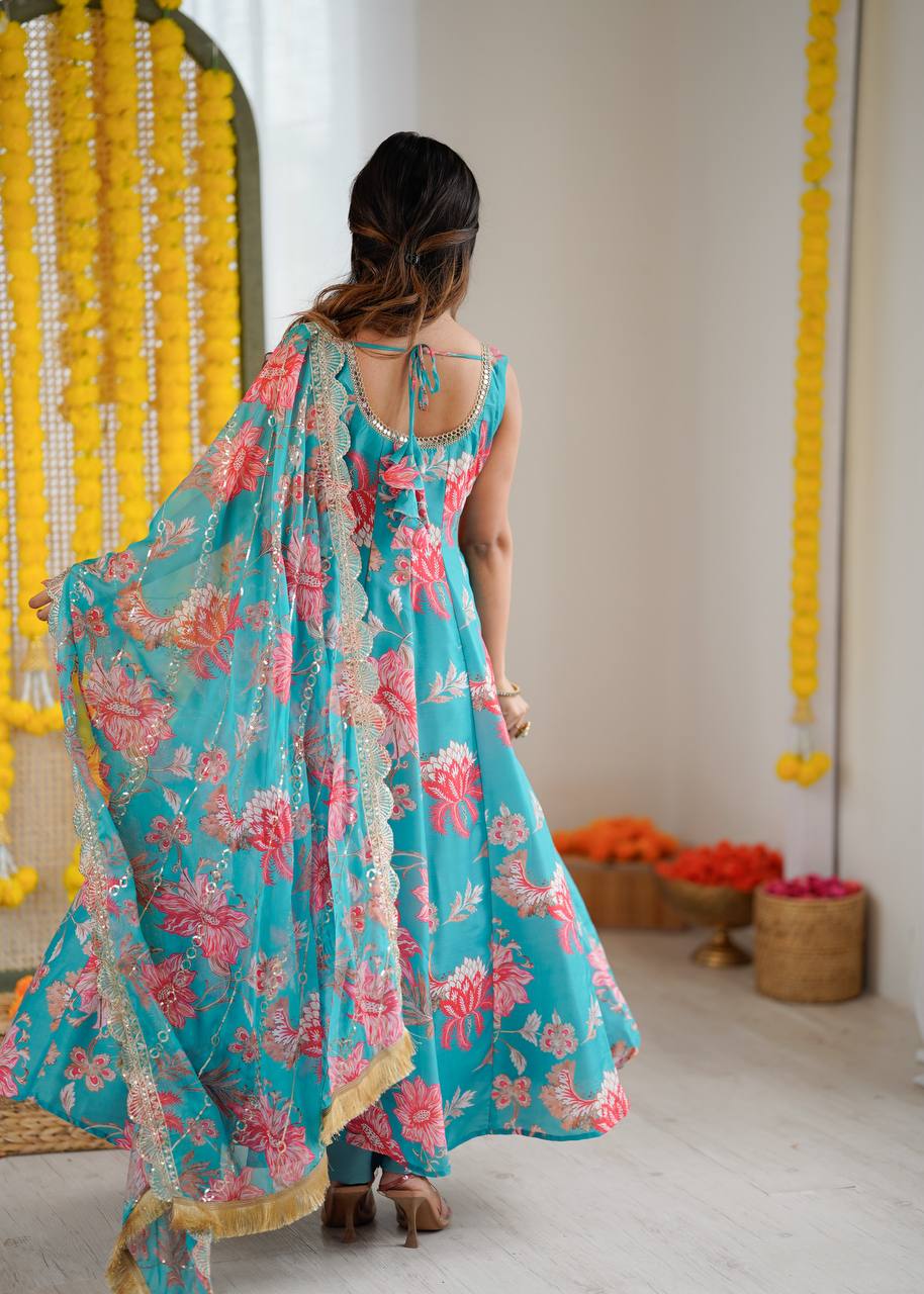 Designer Floral Anarkali with Matching Pant And Scalloped Dupatta Set