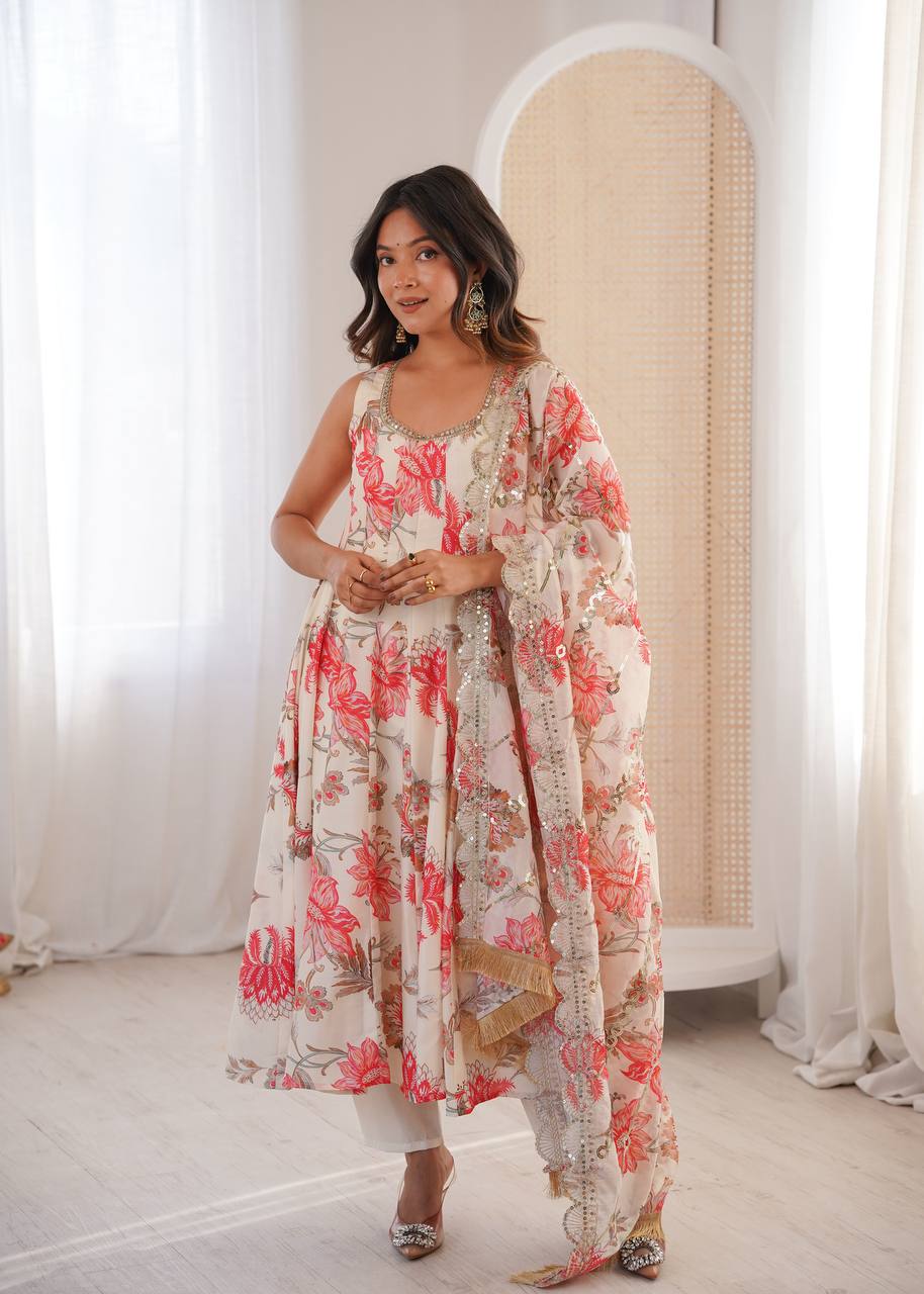 Designer Floral Anarkali with Matching Pant And Scalloped Dupatta Set