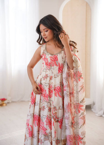 Designer Floral Anarkali with Matching Pant And Scalloped Dupatta Set