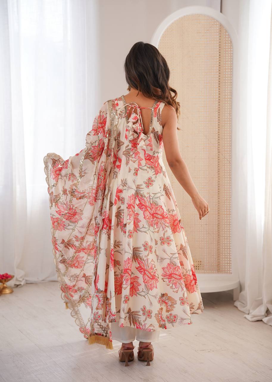 Designer Floral Anarkali with Matching Pant And Scalloped Dupatta Set