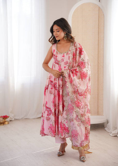 Designer Floral Anarkali with Matching Pant And Scalloped Dupatta Set