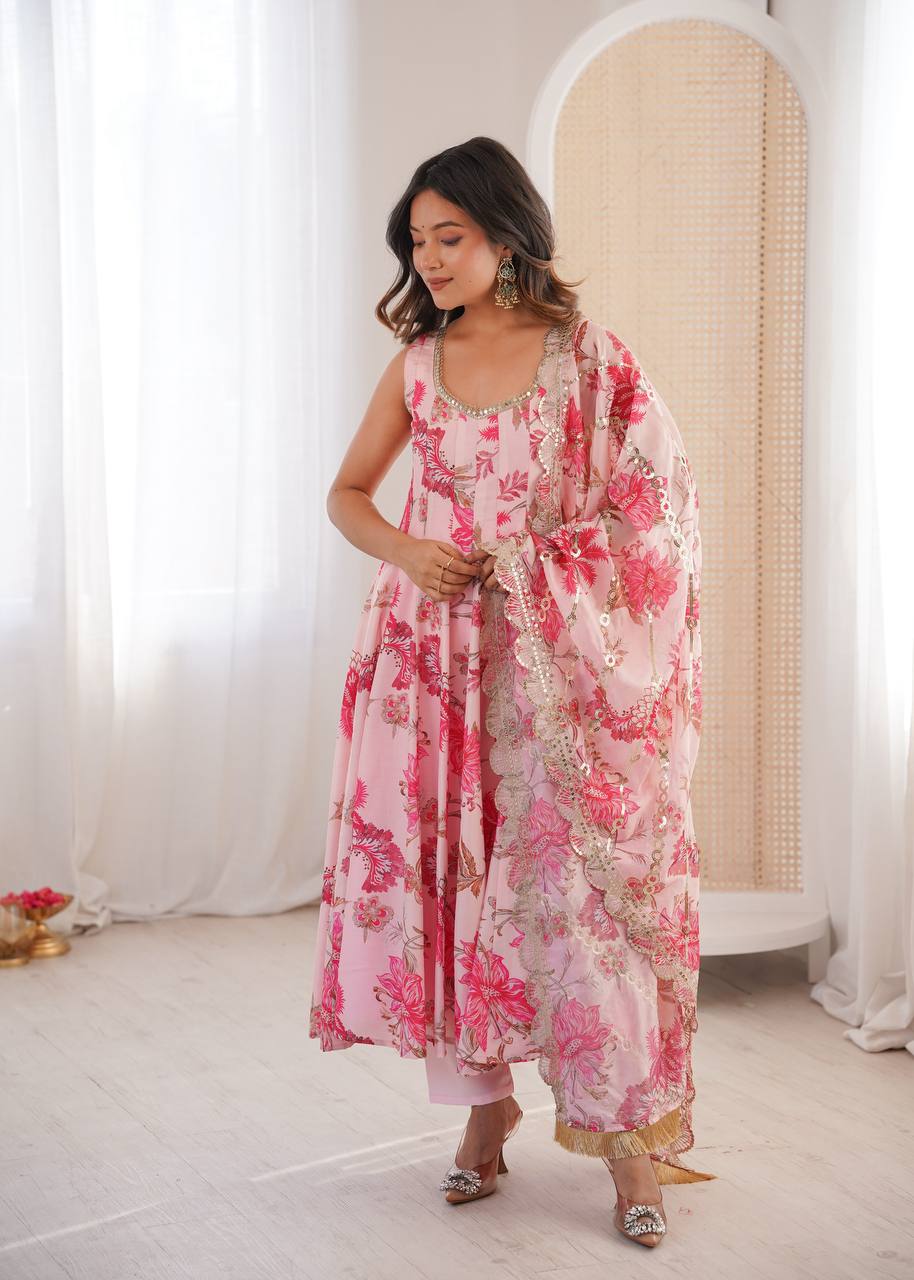 Designer Floral Anarkali with Matching Pant And Scalloped Dupatta Set