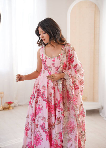 Designer Floral Anarkali with Matching Pant And Scalloped Dupatta Set
