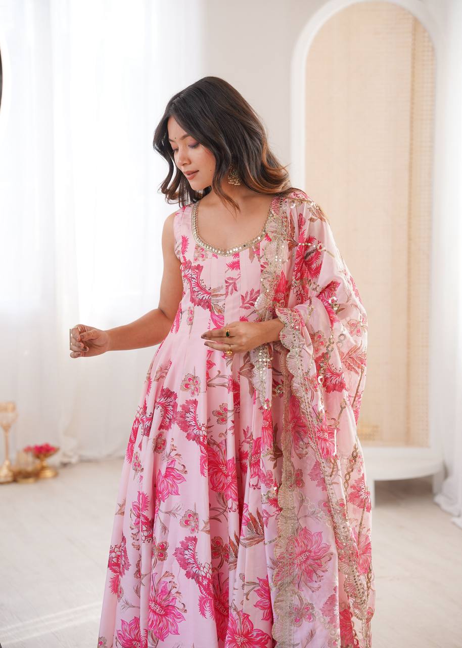 Designer Floral Anarkali with Matching Pant And Scalloped Dupatta Set