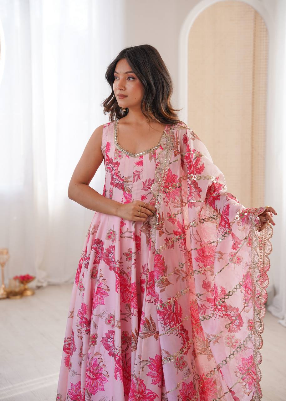 Designer Floral Anarkali with Matching Pant And Scalloped Dupatta Set