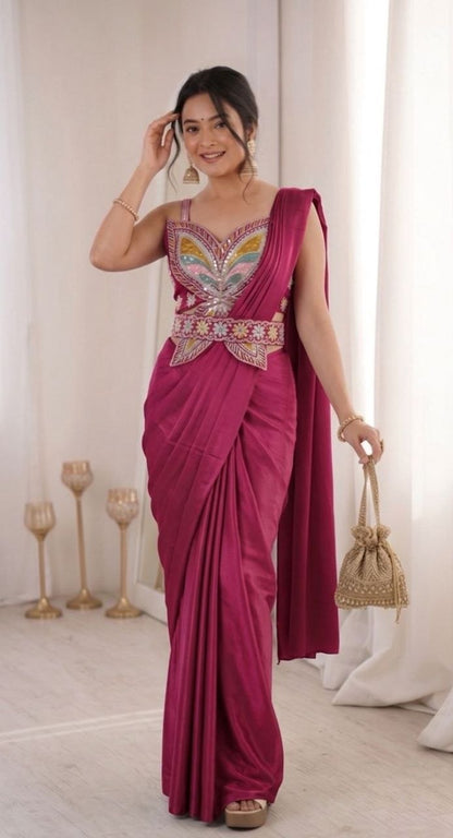 Contemporary Pre Draped Saree with Heavy Thread Work Blouse Perfect for Festive Weddings