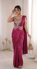 Contemporary Pre Draped Saree with Heavy Thread Work Blouse Perfect for Festive Weddings