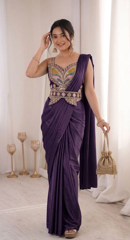 Contemporary Pre Draped Saree with Heavy Thread Work Blouse Perfect for Festive Weddings
