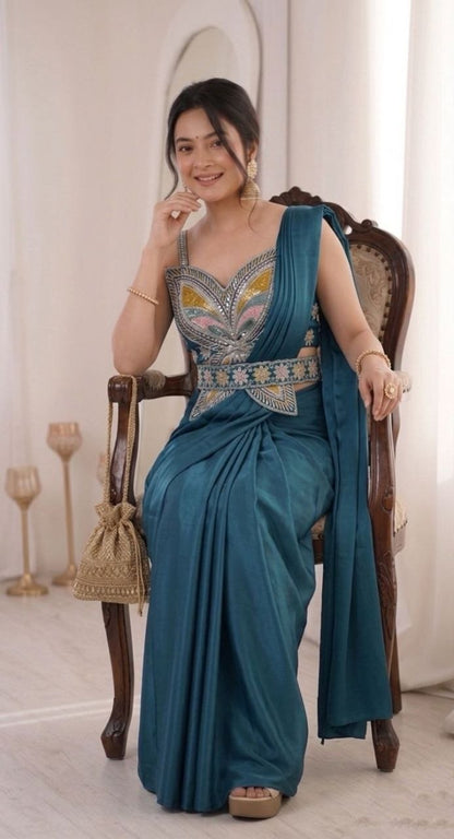 Contemporary Pre Draped Saree with Heavy Thread Work Blouse Perfect for Festive Weddings