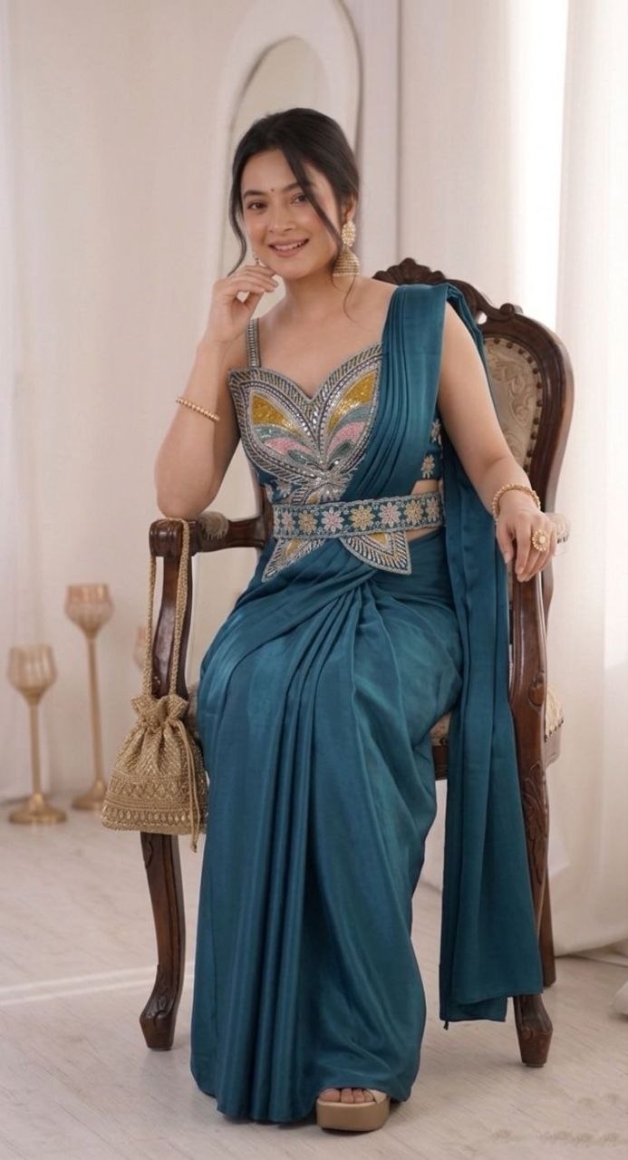 Contemporary Pre Draped Saree with Heavy Thread Work Blouse Perfect for Festive Weddings