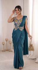 Contemporary Pre Draped Saree with Heavy Thread Work Blouse Perfect for Festive Weddings