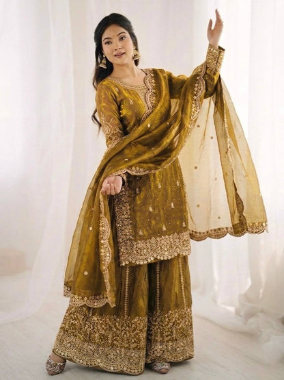 Luxurious Festive Organza Sharara Set Hand Embellished Ethnic Ensemble
