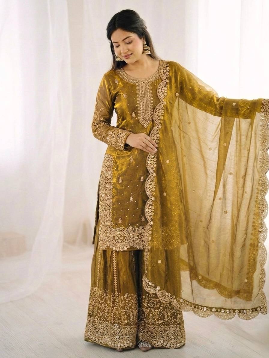 Luxurious Festive Organza Sharara Set Hand Embellished Ethnic Ensemble