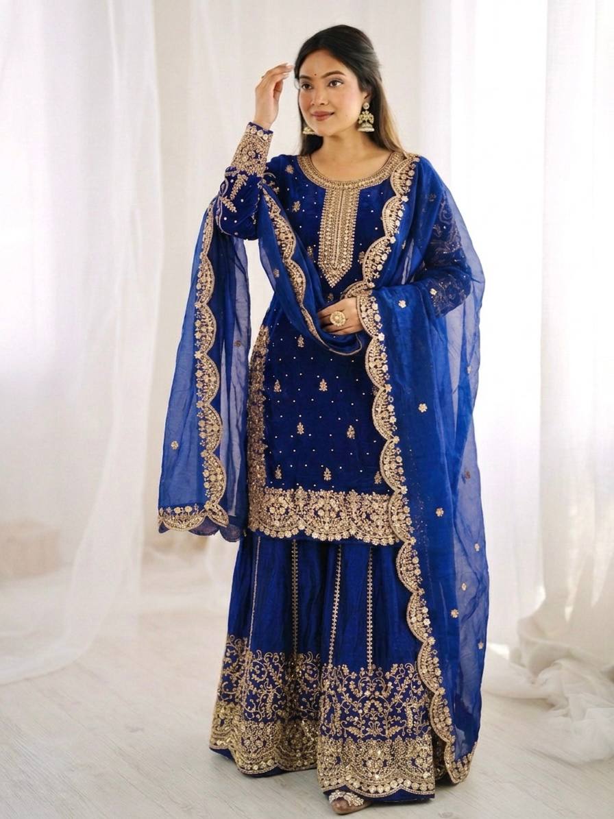 Luxurious Festive Organza Sharara Set Hand Embellished Ethnic Ensemble