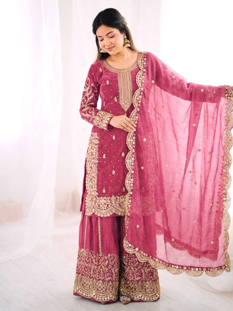 Luxurious Festive Organza Sharara Set Hand Embellished Ethnic Ensemble