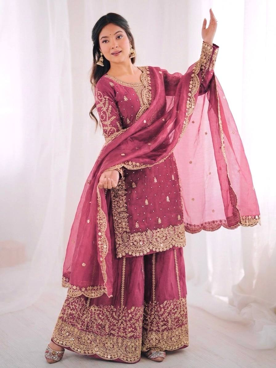 Luxurious Festive Organza Sharara Set Hand Embellished Ethnic Ensemble