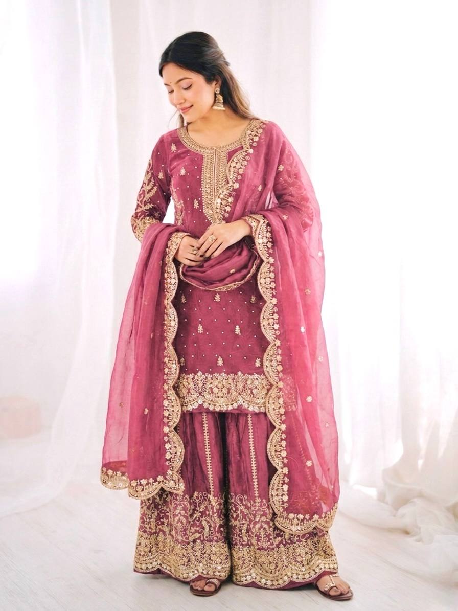 Luxurious Festive Organza Sharara Set Hand Embellished Ethnic Ensemble