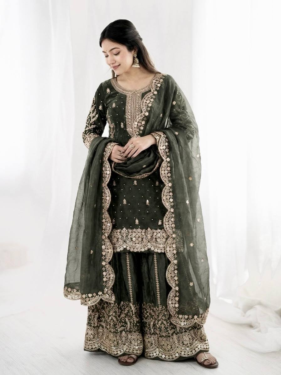 Luxurious Festive Organza Sharara Set Hand Embellished Ethnic Ensemble