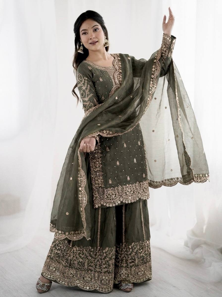 Luxurious Festive Organza Sharara Set Hand Embellished Ethnic Ensemble