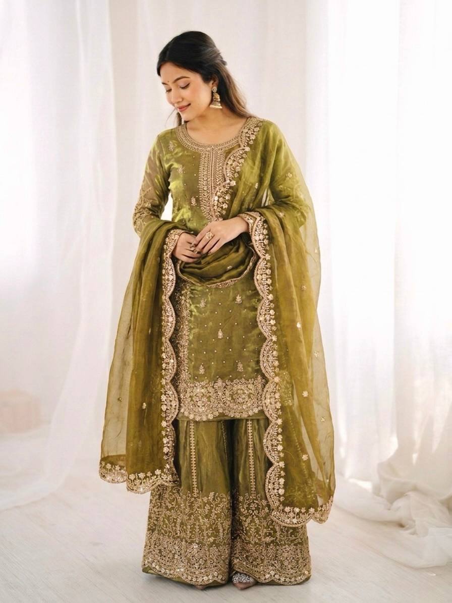 Luxurious Festive Organza Sharara Set Hand Embellished Ethnic Ensemble