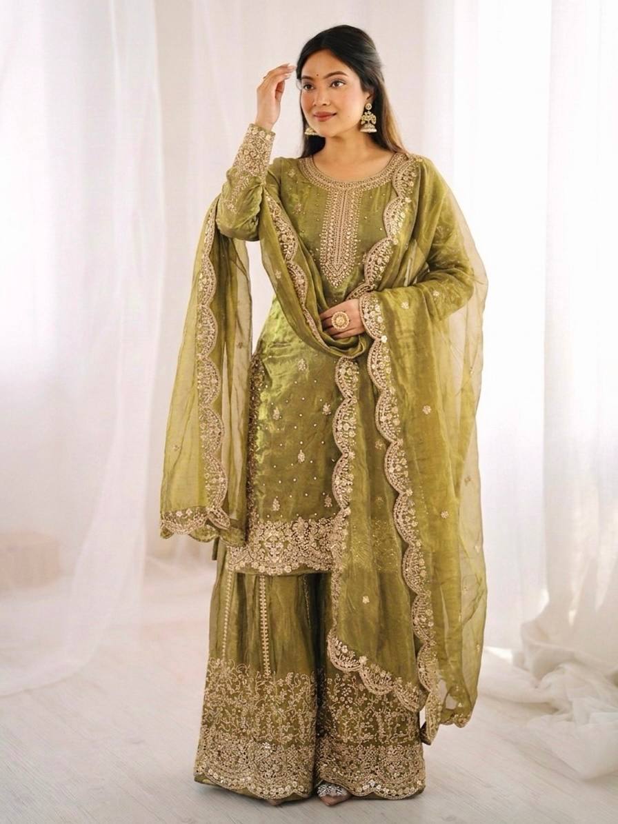 Luxurious Festive Organza Sharara Set Hand Embellished Ethnic Ensemble