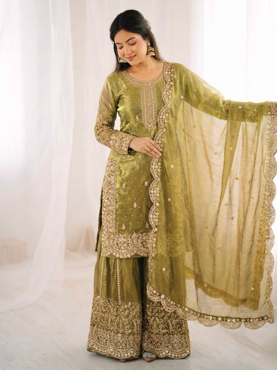 Luxurious Festive Organza Sharara Set Hand Embellished Ethnic Ensemble