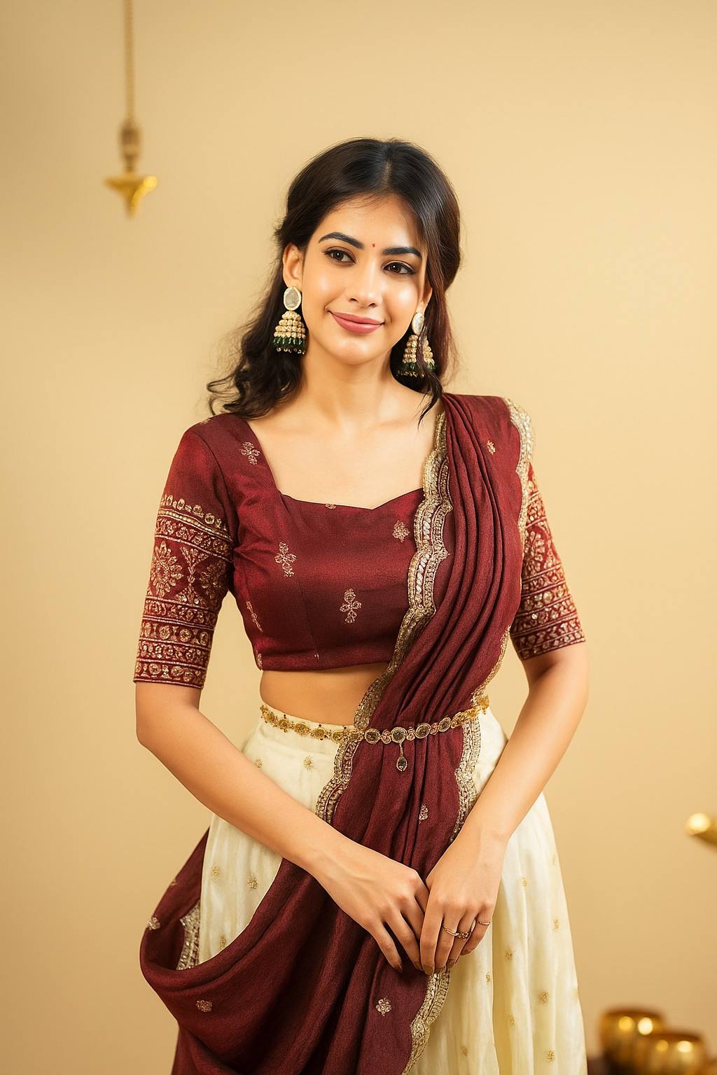 Maroon & Ivory Designer Lehenga Choli With Embroidered Blouse and Dupatta