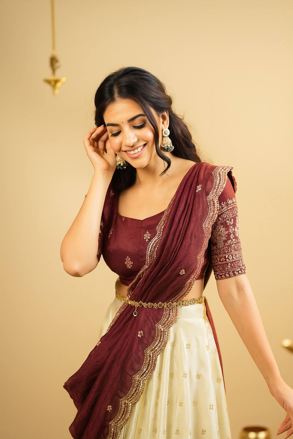 Maroon & Ivory Designer Lehenga Choli With Embroidered Blouse and Dupatta