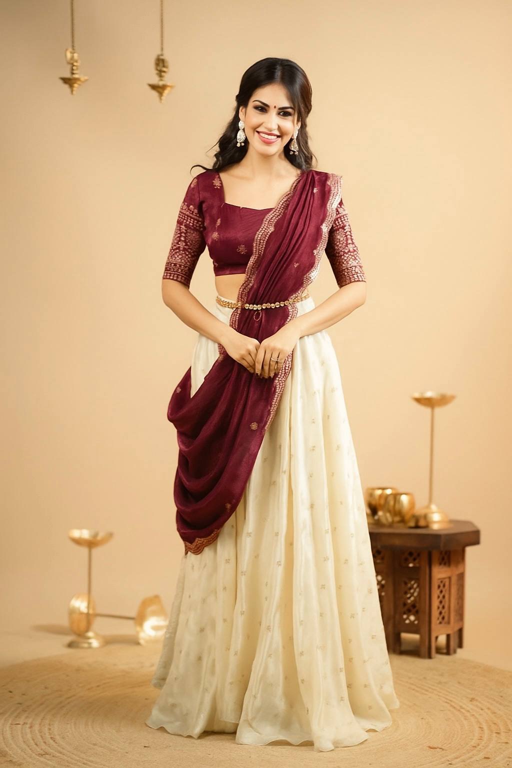 Maroon & Ivory Designer Lehenga Choli With Embroidered Blouse and Dupatta