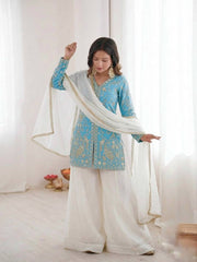 Sophisticated Ethnic Ensemble Embroidered Kurta Flowing Palazzo and Coordinating Dupatta