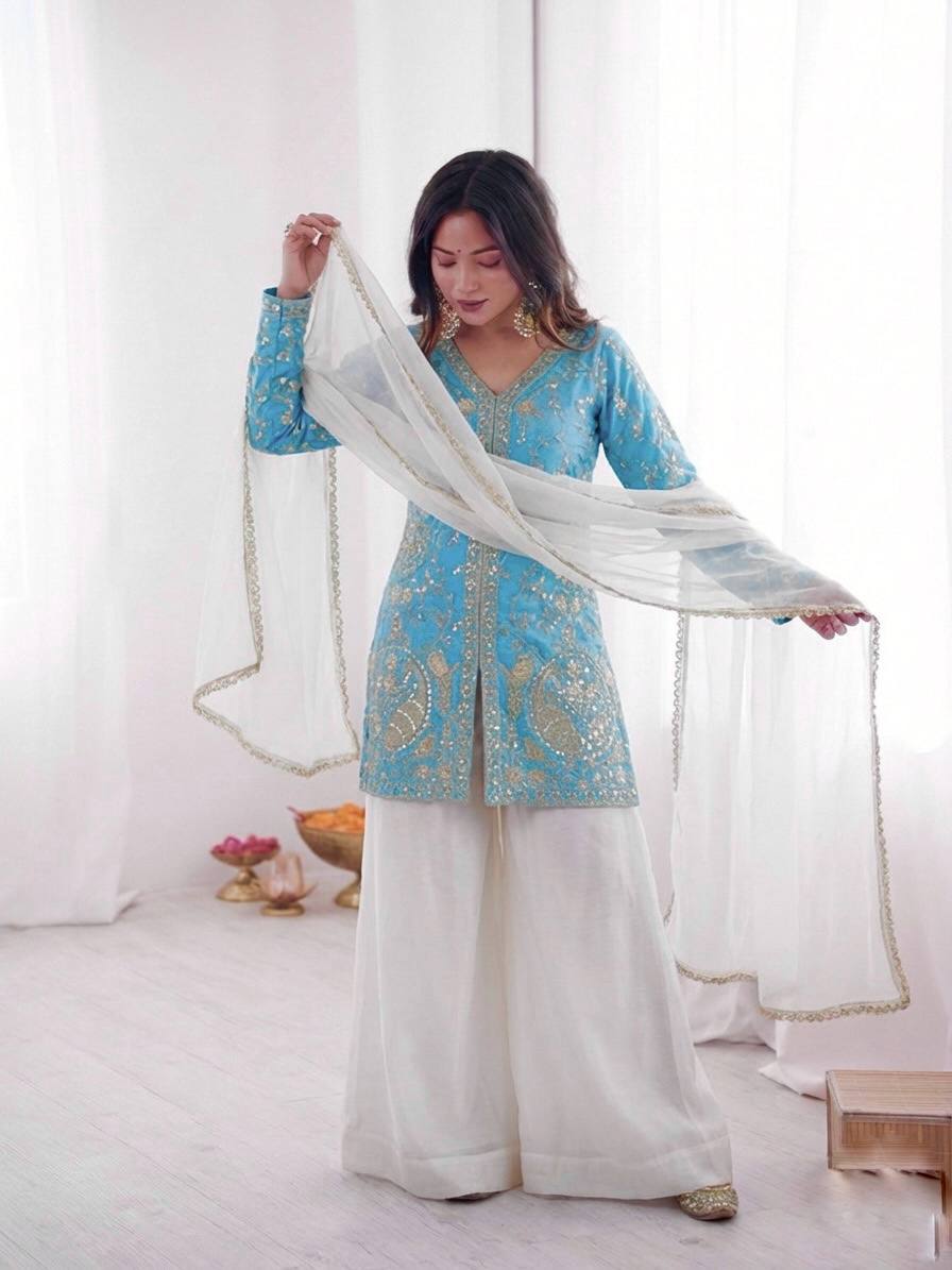 Sophisticated Ethnic Ensemble Embroidered Kurta Flowing Palazzo and Coordinating Dupatta