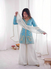 Sophisticated Ethnic Ensemble Embroidered Kurta Flowing Palazzo and Coordinating Dupatta