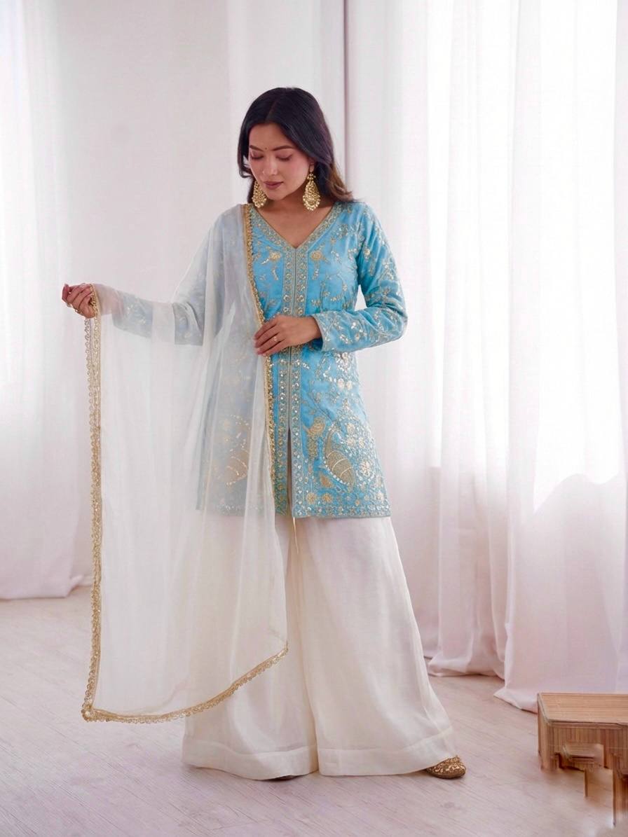 Sophisticated Ethnic Ensemble Embroidered Kurta Flowing Palazzo and Coordinating Dupatta