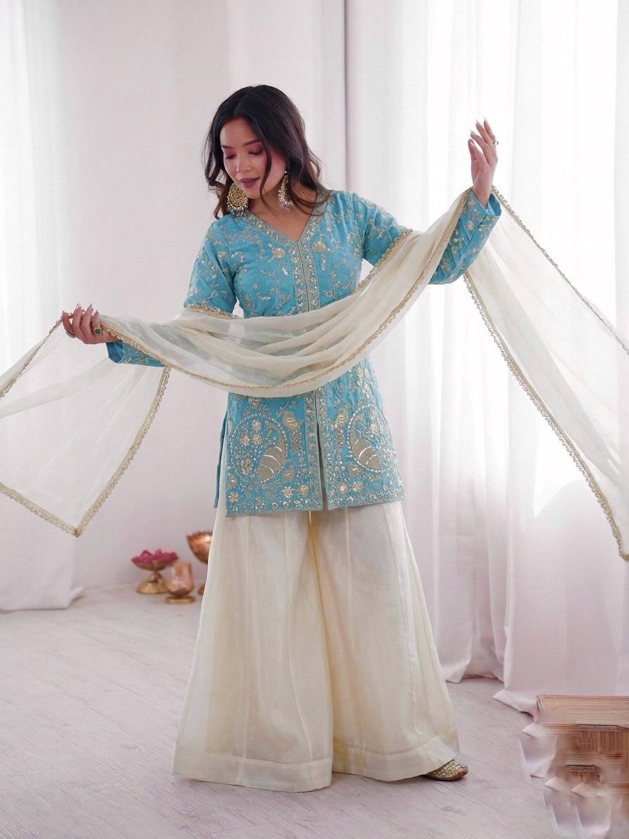Sophisticated Ethnic Ensemble Embroidered Kurta Flowing Palazzo and Coordinating Dupatta