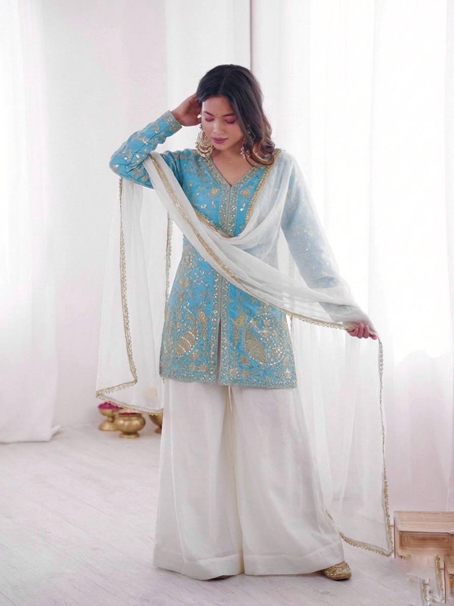 Sophisticated Ethnic Ensemble Embroidered Kurta Flowing Palazzo and Coordinating Dupatta