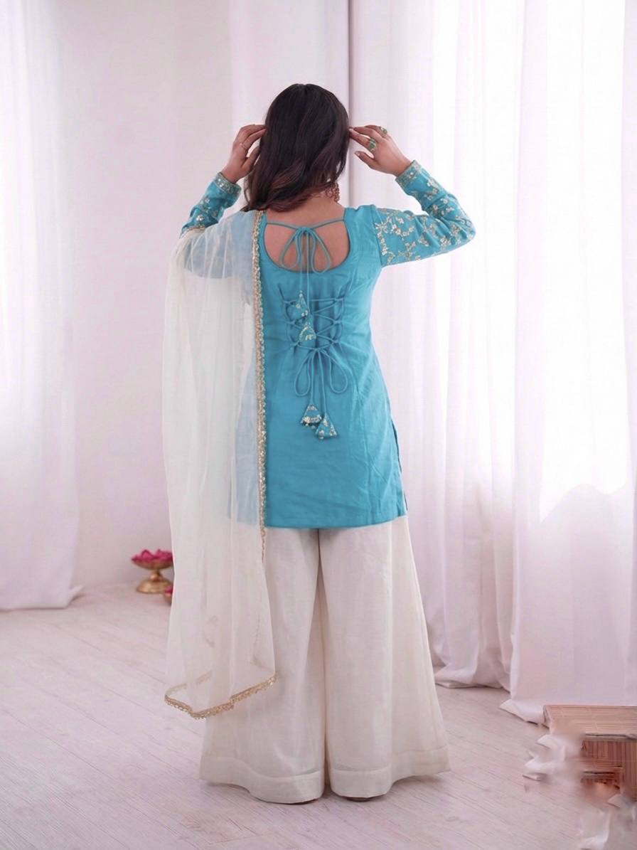 Sophisticated Ethnic Ensemble Embroidered Kurta Flowing Palazzo and Coordinating Dupatta