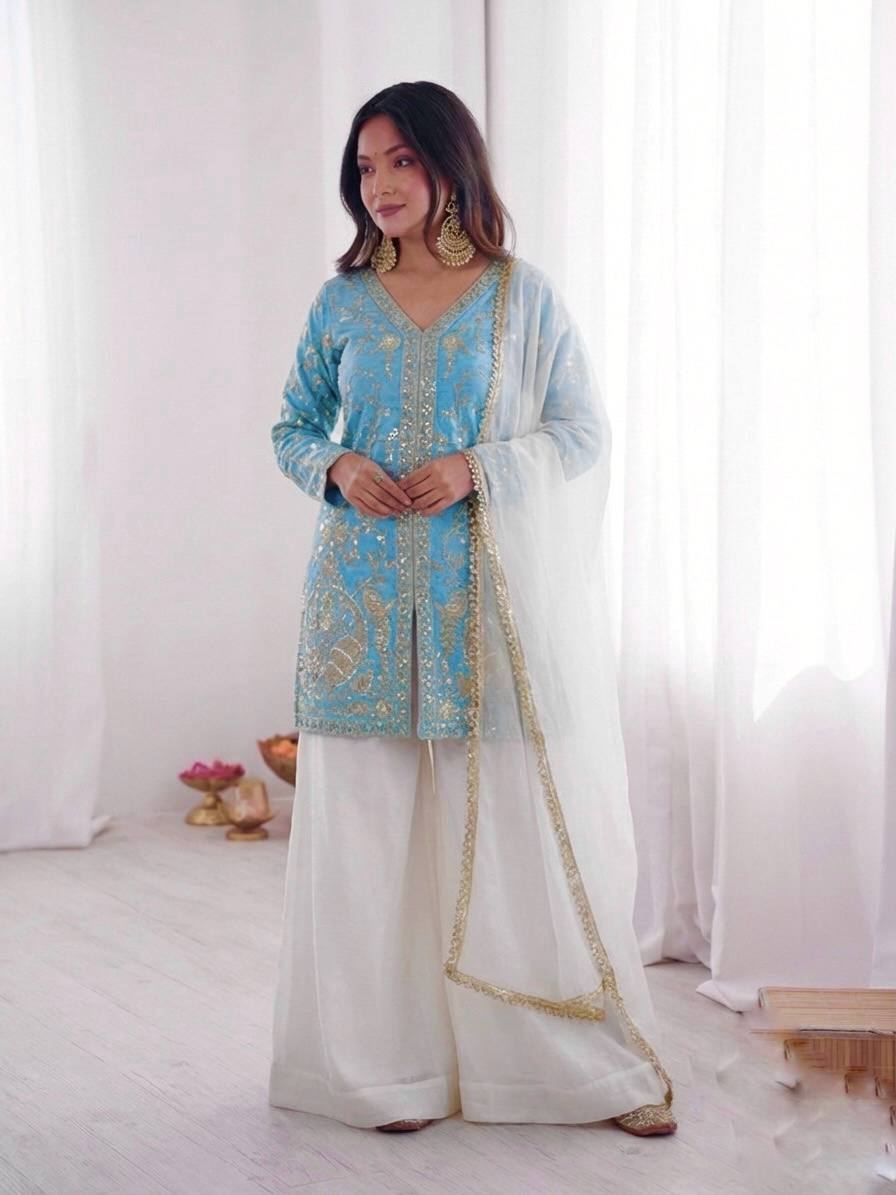 Sophisticated Ethnic Ensemble Embroidered Kurta Flowing Palazzo and Coordinating Dupatta