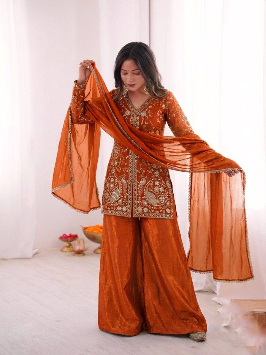 Sophisticated Ethnic Ensemble Embroidered Kurta Flowing Palazzo and Coordinating Dupatta