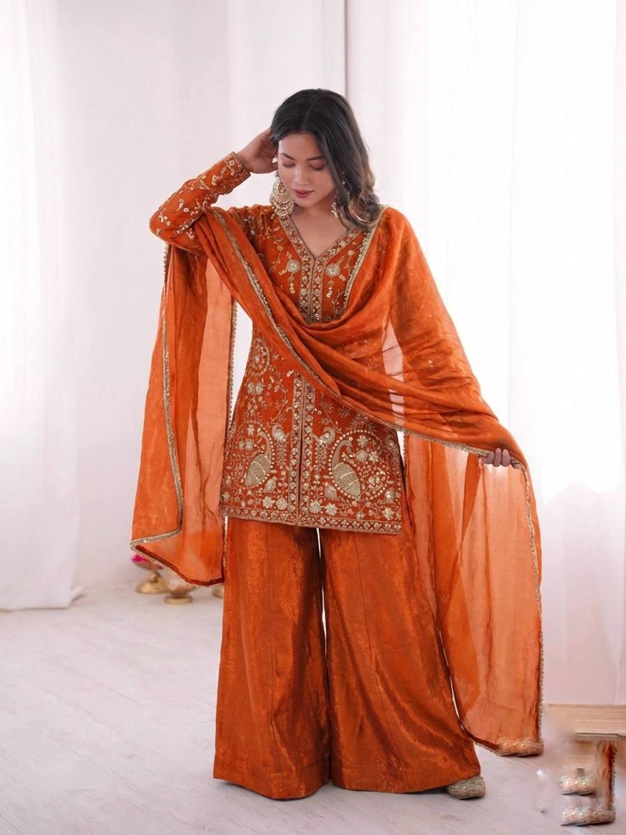 Sophisticated Ethnic Ensemble Embroidered Kurta Flowing Palazzo and Coordinating Dupatta