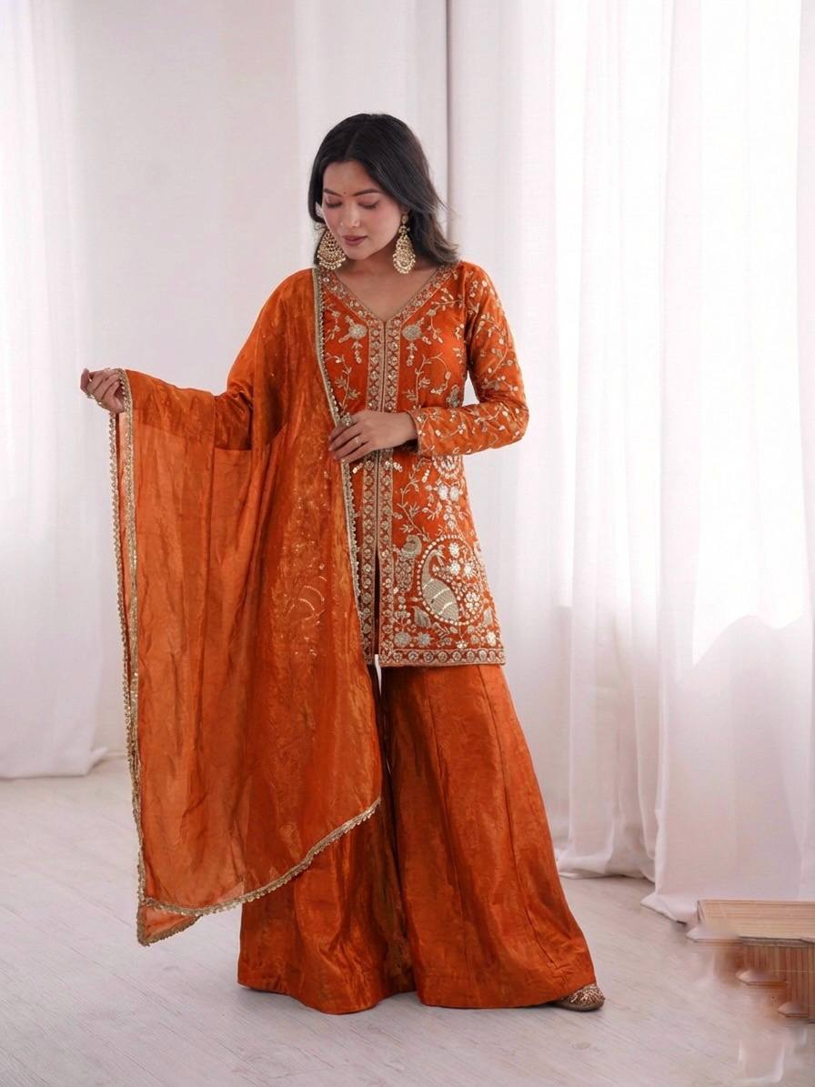 Sophisticated Ethnic Ensemble Embroidered Kurta Flowing Palazzo and Coordinating Dupatta