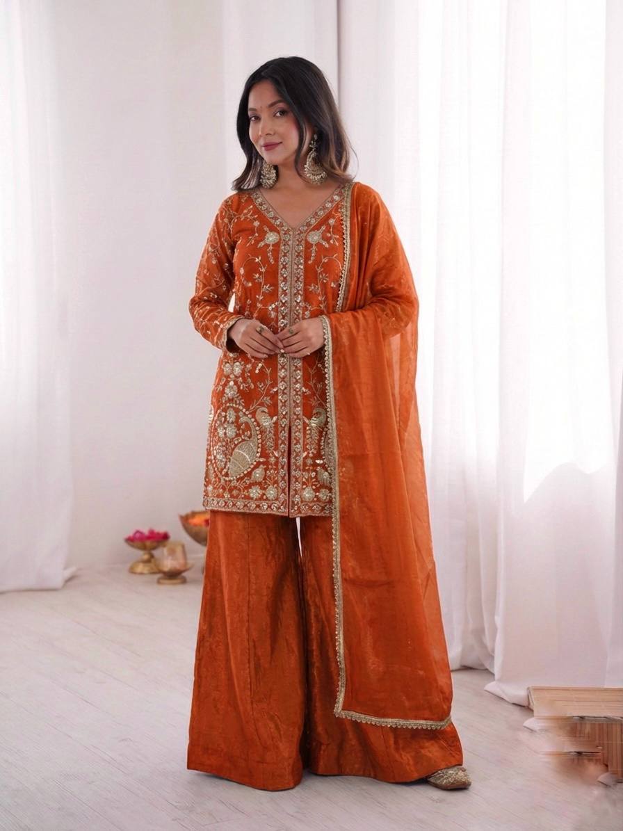 Sophisticated Ethnic Ensemble Embroidered Kurta Flowing Palazzo and Coordinating Dupatta